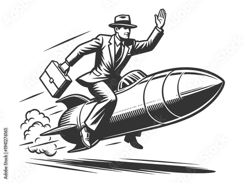 businessman with briefcase riding a fast rocket, career acceleration, ambition, entrepreneurship, and rapid business growth sketch engraving vector illustration. Black and white.