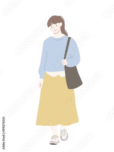 フラットイラスト　ロングスカートをはいたポニーテールの女性