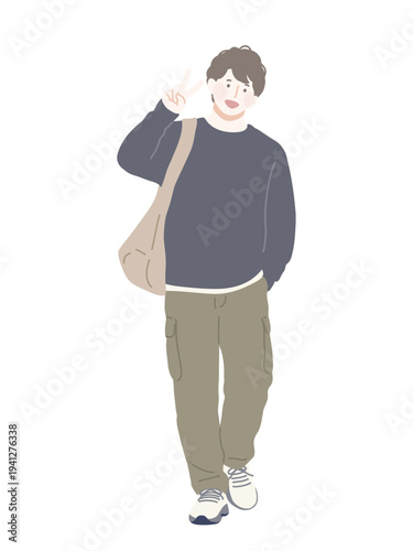 フラットイラスト　カジュアルファッションの若い男性　学生　休日　外出