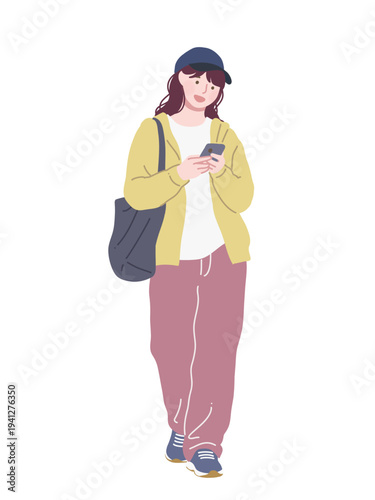 フラットイラスト　大学生　若者　ファッション　ウェーブヘア　女性　スマートフォン