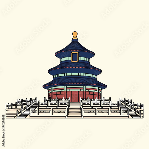 A cartoon depiction of a traditional East Asian building, featuring multi-tiered blue roofs, red walls, and a grand staircase on a beige backdrop