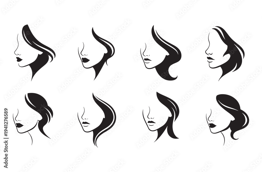 Fototapeta premium Elegant female face line art silhouettes with flowing hair and side profile views suitable for cosmetics branding beauty salon logos and fashion illustration decorative elements