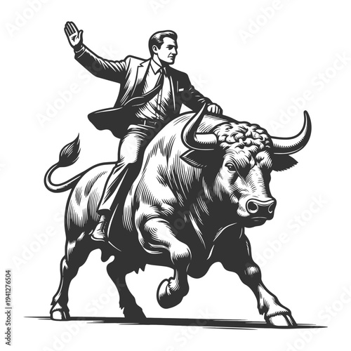 businessman in a suit riding a powerful bull, stock market speculation, financial risk, and aggressive investing sketch engraving vector illustration. Scratch board. Black and white.