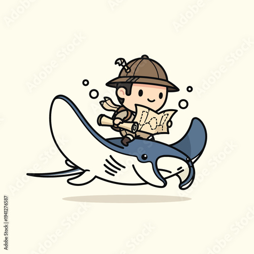 A cartoon explorer rides a manta ray, navigating with a map. He wears a hat and scarf, with bubbles around them. The style is cute and simplistic