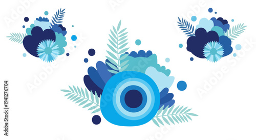 Set of 3 Abstract Blue Floral Vector Illustrations with Leaves and Circles, Perfect for Modern Design Elements, Web Graphics, and Decorative Accents