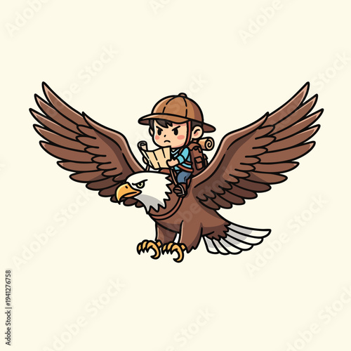 A cartoon illustration depicts a boy with a map and backpack riding on an eagle's back. The eagle's wings are spread, and the boy appears focused