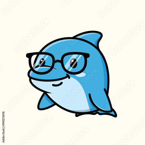 A cartoon dolphin wearing glasses smiles. It's blue with black outlines, small flippers, and a fin. The background is a soft beige