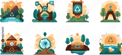 Set of 8 eco friendly icons vector, environmental conservation symbols