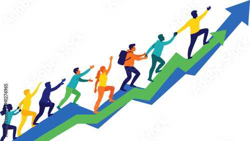 Diverse group of nine colorful people climbing a green and blue upward trending arrow, symbolizing teamwork, business growth, success, and career development vector illustration.