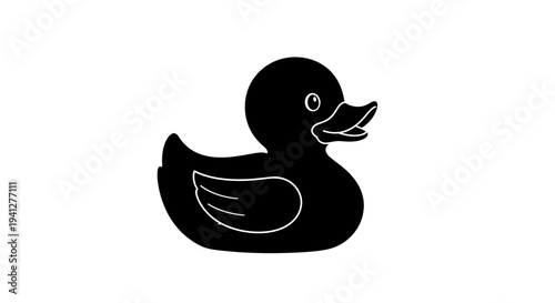 Black rubber duck silhouette isolated on white background, simple icon for bath time and childhood fun.