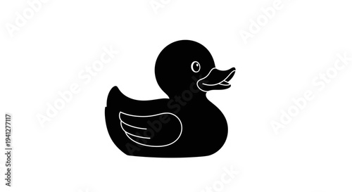 Black rubber duck silhouette isolated on white background, simple icon for bath time and childhood fun