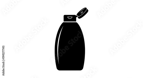 Black Shampoo Bottle Icon with Open Cap, Simple Vector Illustration