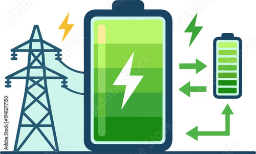 Electricity flows from power tower to battery and charges smaller battery