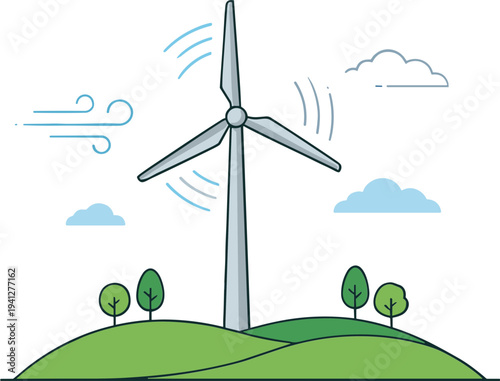 A wind turbine generates power on a green hill with trees under a windy sky.