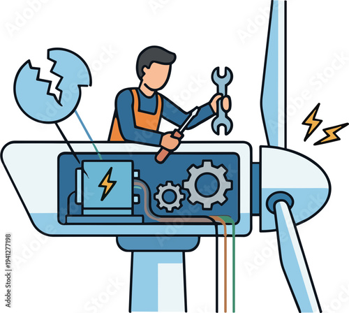 A worker repairs a wind turbine with tools and equipment.