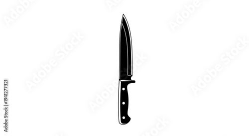 Black Silhouette of a Hunting Knife with a Sharp Blade and Textured Handle on a White Background