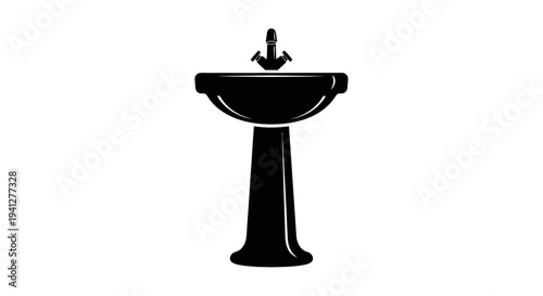 Black Silhouette of a Pedestal Sink with Faucet Isolated on White Background