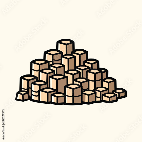A cartoon illustration depicts a collection of cuboid shapes, stacked in a pile, with varying heights and a black outline