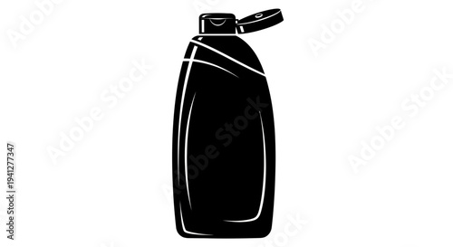 Black Silhouette of a Shampoo Bottle with Open Cap, Isolated on White Background