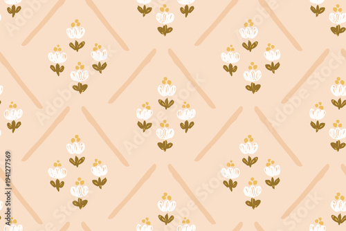 Small flowers and leaves in a diamond pattern with lines giving a quilt look in colors of white, yellow, green and peach on cream background. Floral seamless vector pattern. Great for home decor, etc.