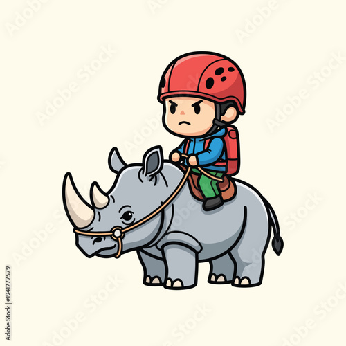 A cartoon depicts a child with a red helmet riding a rhino. The child has a backpack and appears displeased. The rhino has a horn and is wearing a rope halter