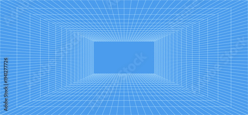 3d wireframe grid room. 3d perspective laser grid 16 9.. Cyberspace blue background with white mesh. Futuristic digital hallway space in virtual reality. Vector illustration.