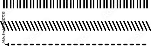 Slash line. Abstract dashed border divider set. Diagonal lines Border. Geometric print for caution tape or barrier. Parallel stripes. Black pattern isolated on white background