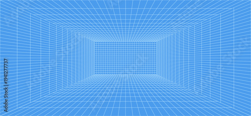 3d wireframe grid room. 3d perspective laser grid 16 9.. Cyberspace blue background with white mesh. Futuristic digital hallway space in virtual reality. Vector illustration.