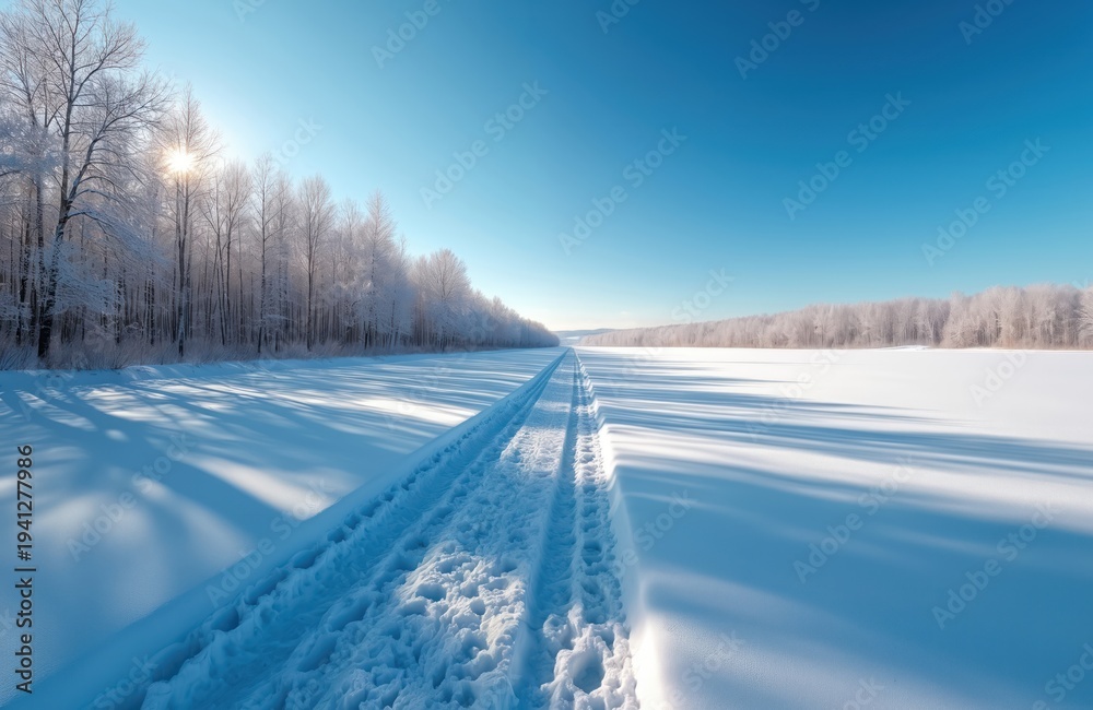 Fototapeta premium Snowy landscape with bare trees lining a snowy path. Fresh tire tracks on open frozen field under bright clear blue sky. Sun casts long shadows across the pristine winter expanse.