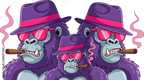 Cool Purple Gorilla Gangster Cartoon Illustration with Fedora Hat, Pink Sunglasses, and Smoking Cigar Vector Art
