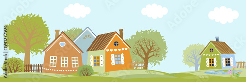 Summer village landscape with house, fields, trees,  sky with clouds. Cute rural landscape. Seamless horizontal Illustration in cartoon style flat design. Picture for children. Vector illustration
