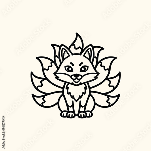 A cartoon fox illustration with eight fluffy tails. The fox sits upright with an open mouth.  Its fur is represented by a curved black line