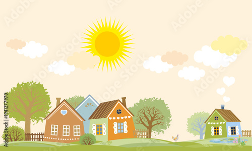 Summer village landscape with house, fields, trees,  sky with clouds. Cute rural landscape. Orchard. Fruit garden. Print for clothes, wallpaper, scrapbooking. Seamless horizontal Illustration