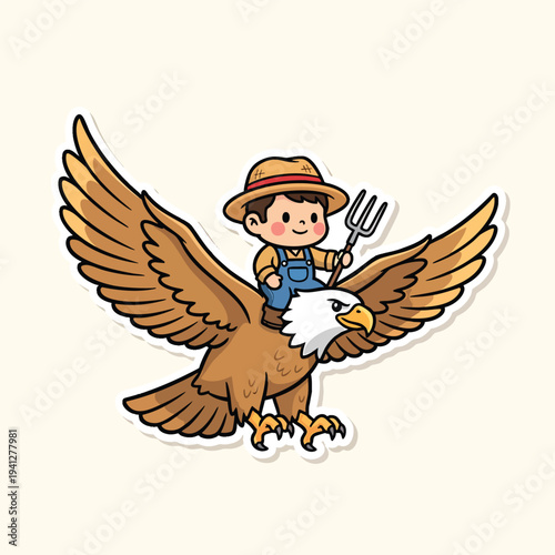 A cartoon depicts a farmer with a pitchfork riding an eagle through the sky. He wears overalls and a hat. The style is cute and illustrated