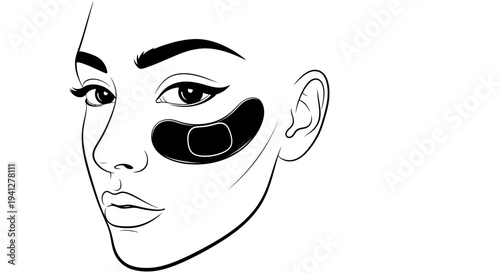 Woman with eye patches, beauty routine, skincare, self-care, close-up face, black and white illustration