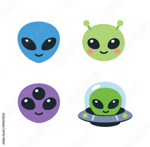 Cute cartoon alien faces and UFO illustration, diverse extraterrestrial characters