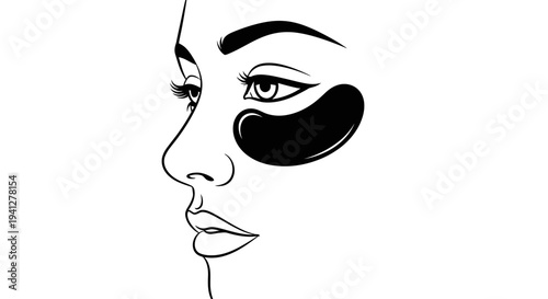 Woman's Face with Black Under Eye Patches, Skincare and Beauty Concept, Line Art Illustration