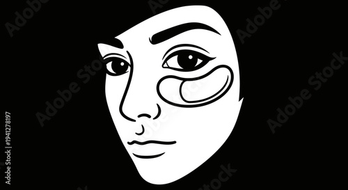 Woman's Face with Under Eye Patches, Skincare and Beauty Concept, Minimalist Line Art