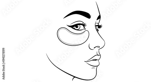 Woman's Face with Under Eye Patches, Skincare and Beauty Routine, Black and White Line Art
