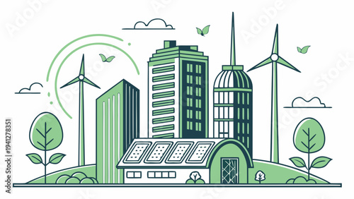 Sustainable city with wind turbines solar panels and green buildings representing renewable energy and clean urban future