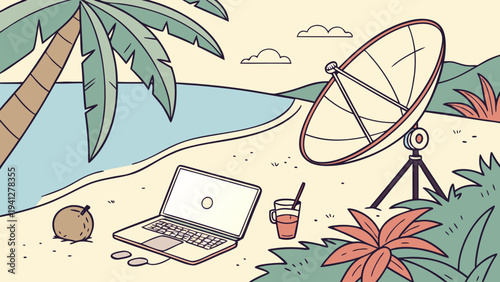 Remote work laptop on tropical beach with satellite dish and drink representing digital nomad internet connection in paradise