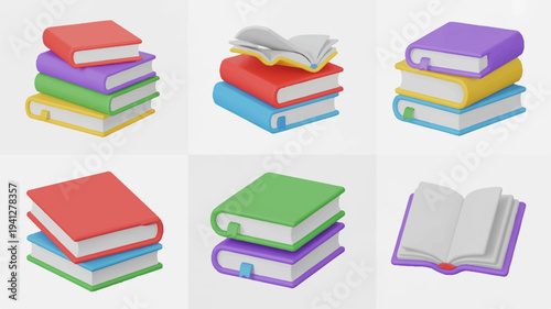 Colorful stack of books in various arrangements on plain background for education and learning