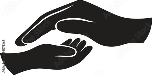 Mother holding child hand, motherhood care and protection concept, parent and child love symbol, minimalist black silhouette vector isolated on white background