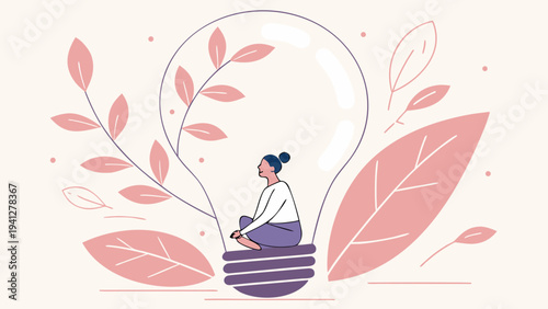 Woman reading books surrounded by leaves and soft shapes representing calm learning mindfulness and imagination