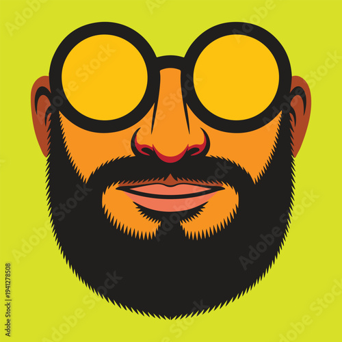A vibrant, stylized illustration of a man's face, featuring a prominent beard and distinctive round, yellow-tinted glasses, set against a bright green background