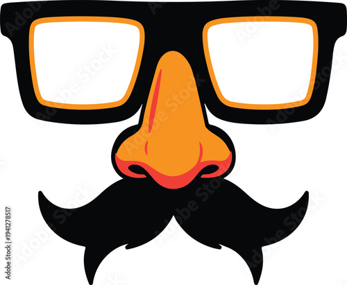 Whimsical cartoon illustration of a classic novelty disguise featuring oversized black glasses, a prominent orange nose, and a stylish black mustache, perfect for celebrations, and playful events