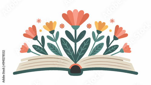 Open book with colorful flowers and leaves growing out symbolizing knowledge and growth in education