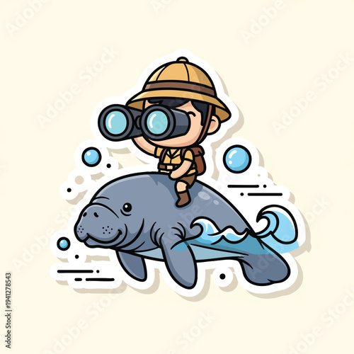 A cartoon explorer with a hat, backpack, and binoculars rides a sea creature that looks like a manatee through the ocean waves. Bubbles