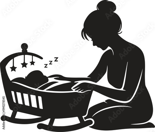 Mother watching sleeping baby in cradle, motherhood care and newborn sleep concept, maternal love silhouette vector isolated on white background