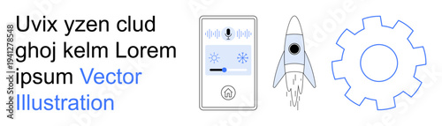 Technology, innovation, usability, product design, progress, futuristic concepts. Smartphone with voice recognition interface, rocket icon gear symbol. Technology and innovation illustrated